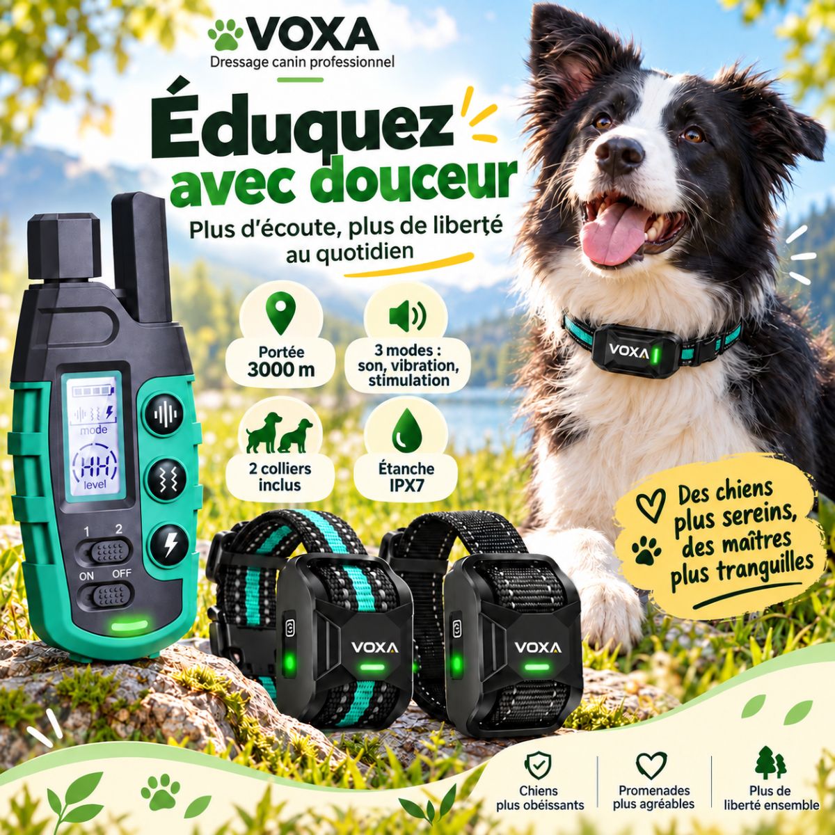 Collier de dressage pour chien VOXA S1, bip, vibration et impulsion, portée 1 000 m