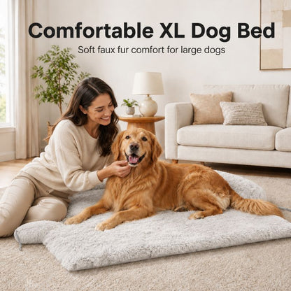 A dog settled on the Calming Couch Bed on a sofa