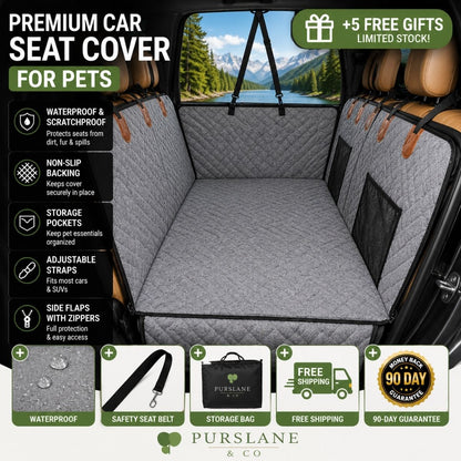 A car trunk pet seat cover installed inside a vehicle trunk, shown with feature callouts on the left and promotional gift badges on the right. The product is a gray quilted cushion cover with black straps and brown leather trim, branded PURSLANE.