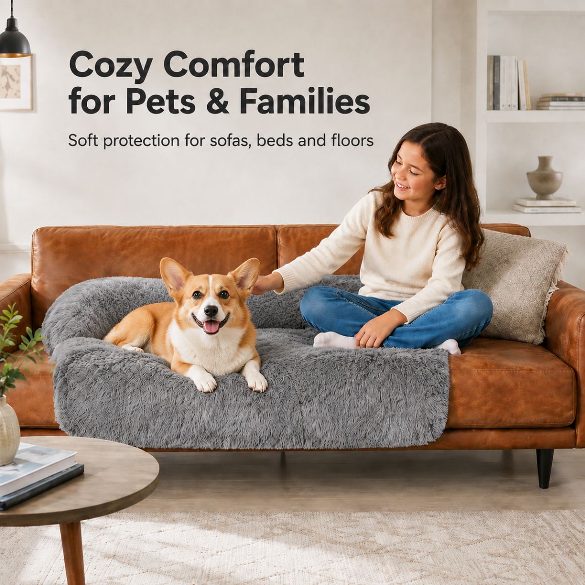 A dog resting against the bolster of the Calming Couch Bed in Dark Grey on a sofa