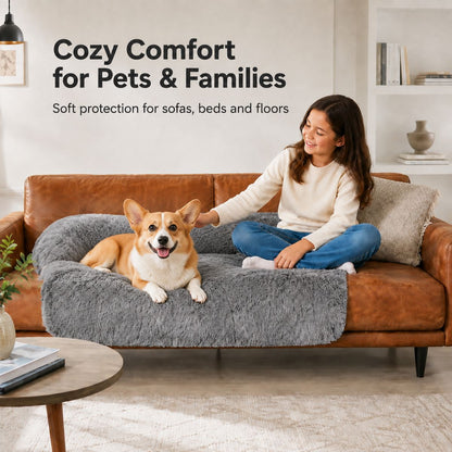 A dog resting against the bolster of the Calming Couch Bed in Dark Grey on a sofa