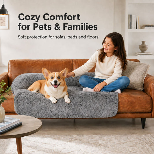 A dog resting against the bolster of the Calming Couch Bed in Dark Grey on a sofa