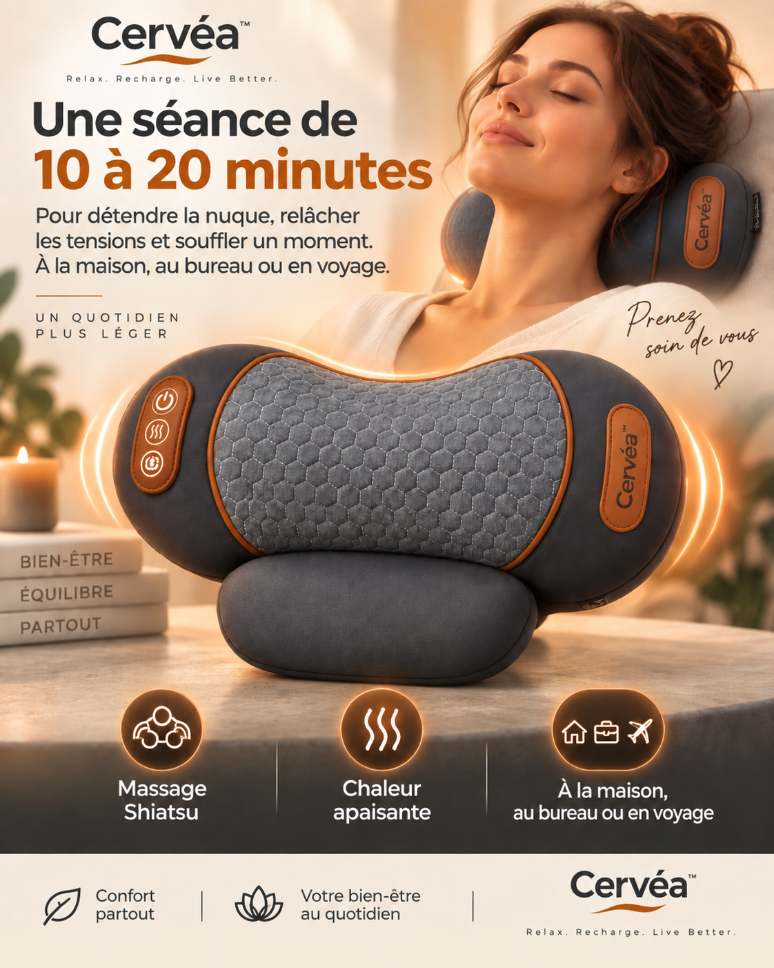 Cervéa™ — séance de 10 à 20 minutes, massage shiatsu et chaleur, à la maison, au bureau ou en voyage