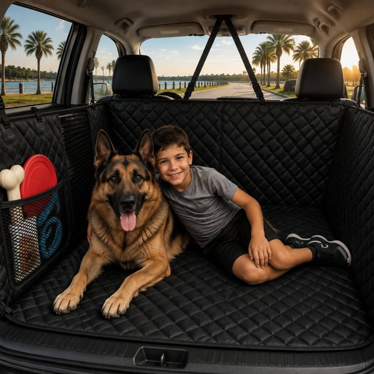 A black quilted car trunk liner with a side mesh pet crate and toys, shown in a car trunk with a German Shepherd dog and a smiling boy lying on it. Palm trees and water are visible outside.