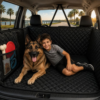 A black quilted car trunk liner with a side mesh pet crate and toys, shown in a car trunk with a German Shepherd dog and a smiling boy lying on it. Palm trees and water are visible outside.