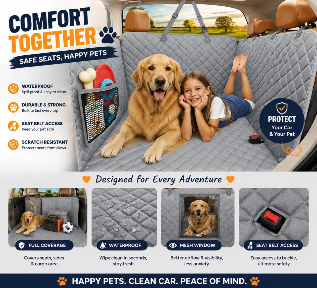 A car seat cover set shown installed across the back of a vehicle with a golden retriever and a child lying on top, plus feature callouts and smaller inset photos demonstrating waterproofing, mesh window, seat belt access, and full coverage.