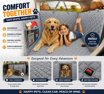 A car seat cover set shown installed across the back of a vehicle with a golden retriever and a child lying on top, plus feature callouts and smaller inset photos demonstrating waterproofing, mesh window, seat belt access, and full coverage.