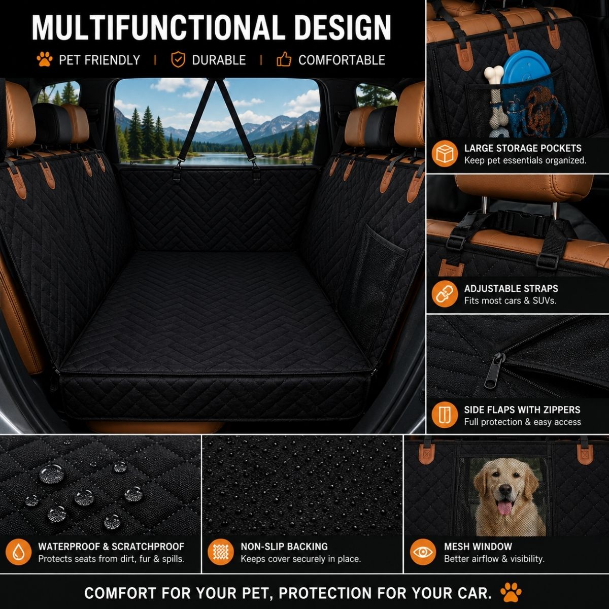 A car trunk pet cargo seat shown in a collage layout with feature callouts. The main view shows a black quilted pet car seat installed in the back of a vehicle, with mountain scenery visible through the trunk.
