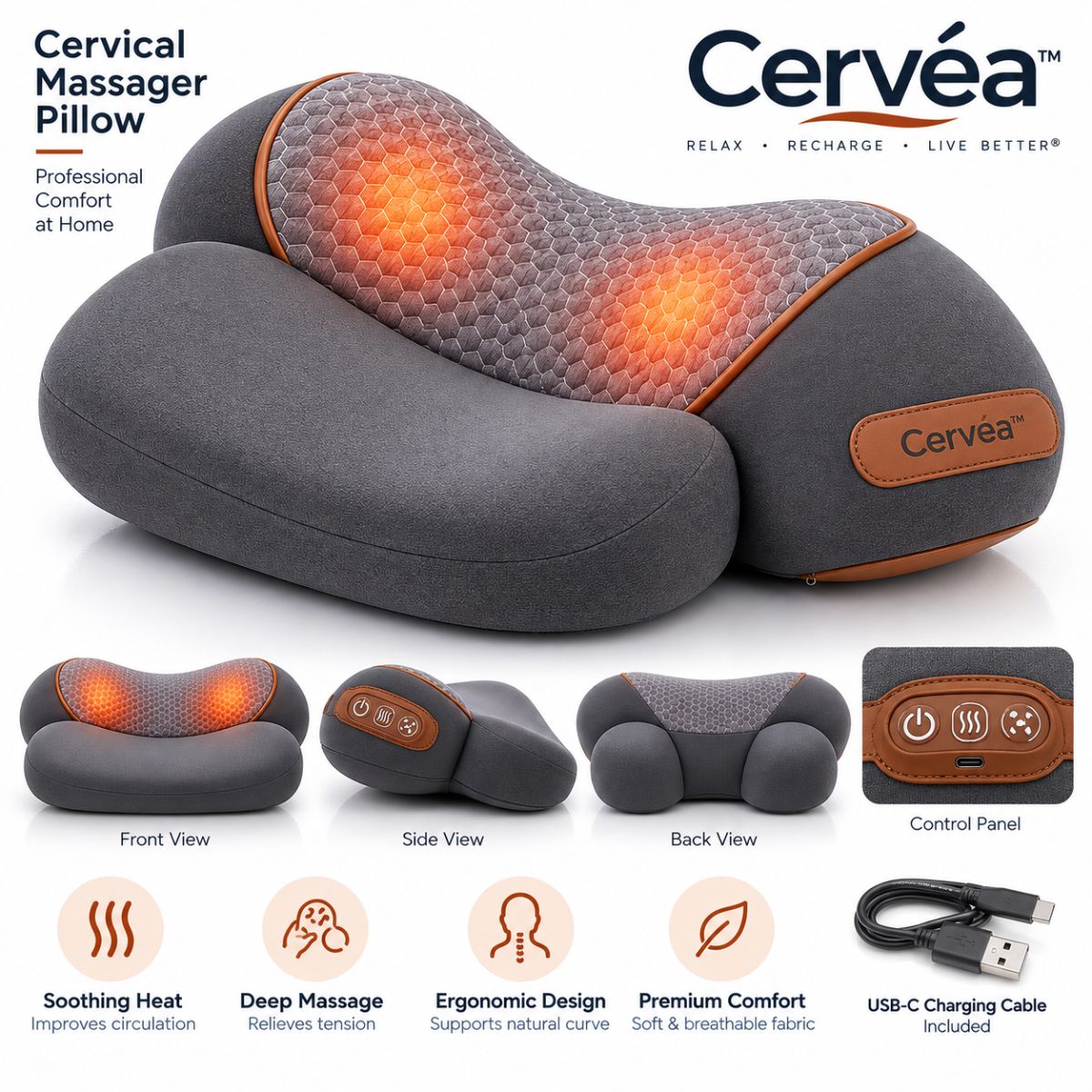 Cervéa™ — vues avant, côté et arrière, panneau de commande et recharge USB-C
