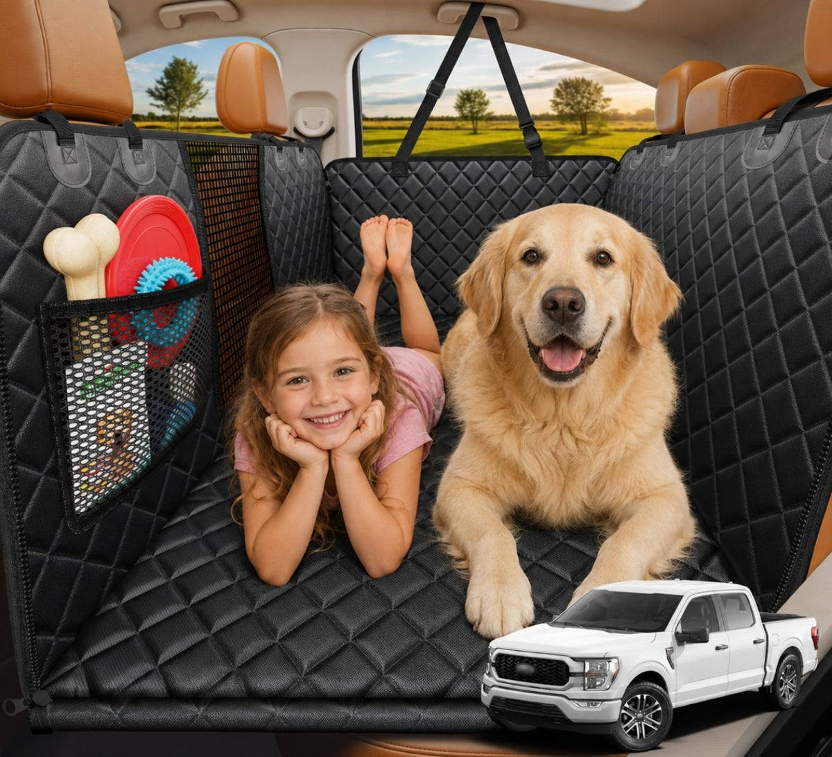 A black quilted pet car seat cover installed across the back seat of a vehicle, shown with a golden retriever and a young girl lying on the cover. The cover includes mesh side pockets holding toys, and a small white pickup truck graphic appears in the lower right corner.