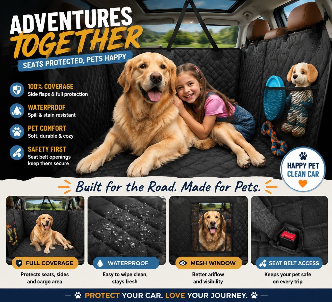 A promotional graphic for a pet car seat cover installed inside a vehicle trunk. A golden retriever sits on the covered cargo area next to a young girl, with a dog toy hanging on the side pocket.