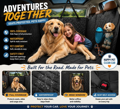 A promotional graphic for a pet car seat cover installed inside a vehicle trunk. A golden retriever sits on the covered cargo area next to a young girl, with a dog toy hanging on the side pocket.