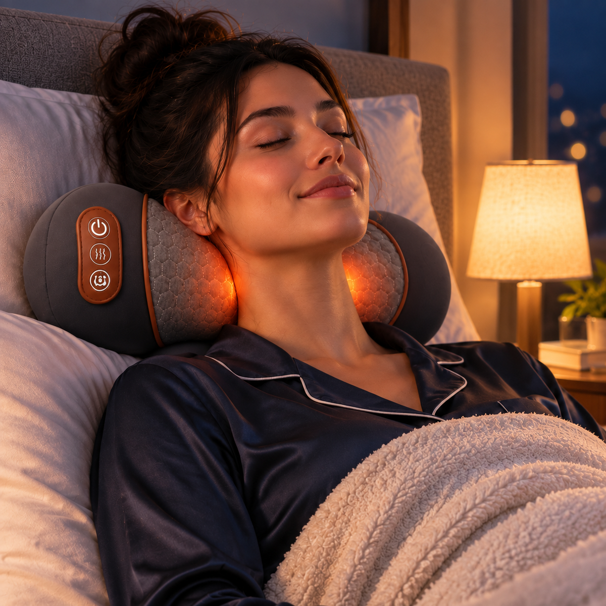 Cervéa™ porté sur la nuque, femme assise dans un canapé avec une tasse