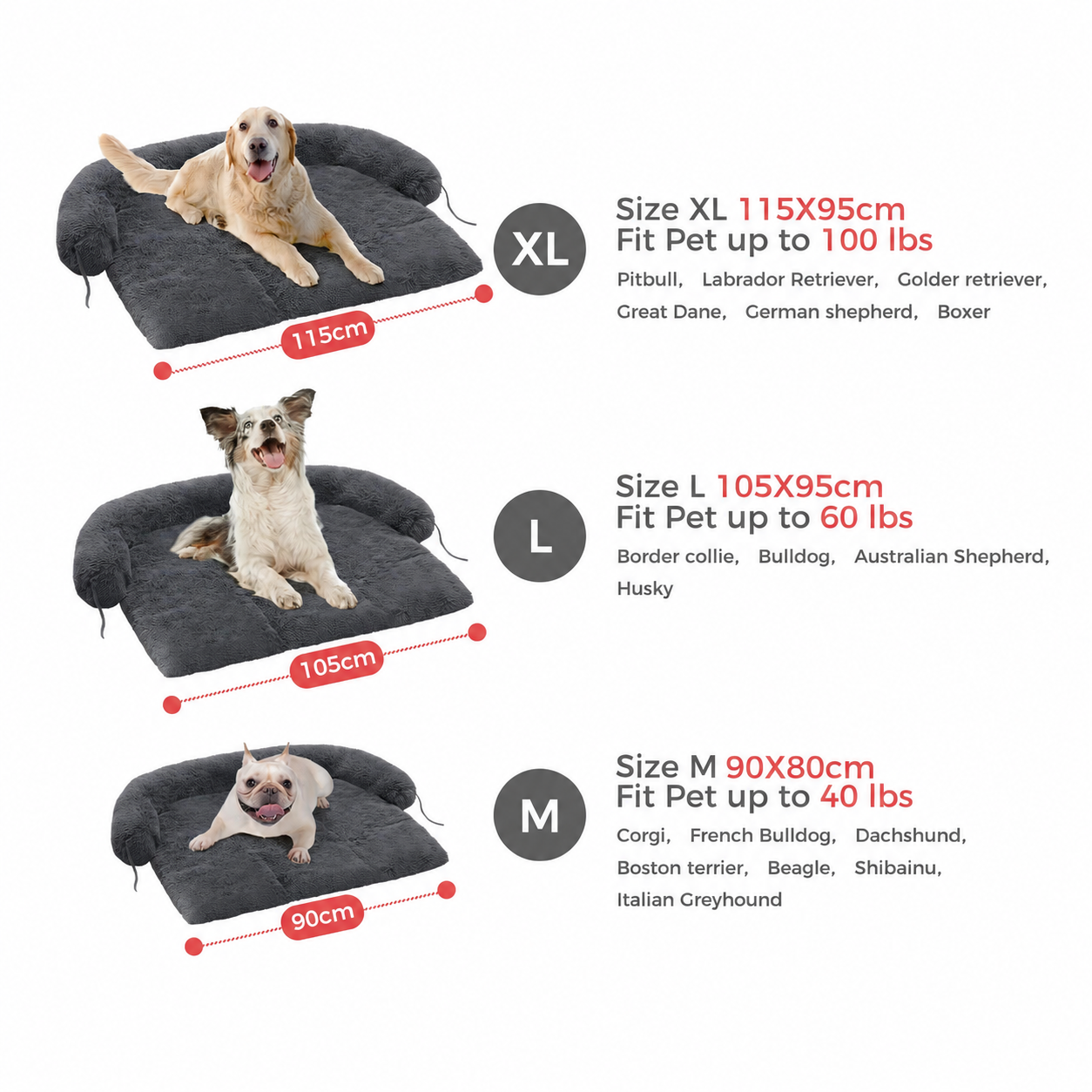 Bed size chart: Small 90 x 80 cm, Large 105 x 95 cm, Jumbo 115 x 95 cm